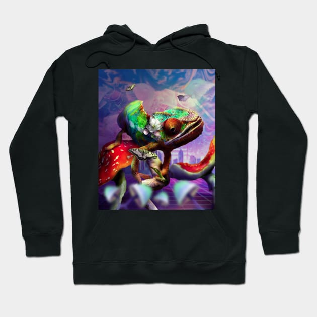 Trippy Psychedelic Chameleon Lizard On Mushroom Hoodie by Random Galaxy